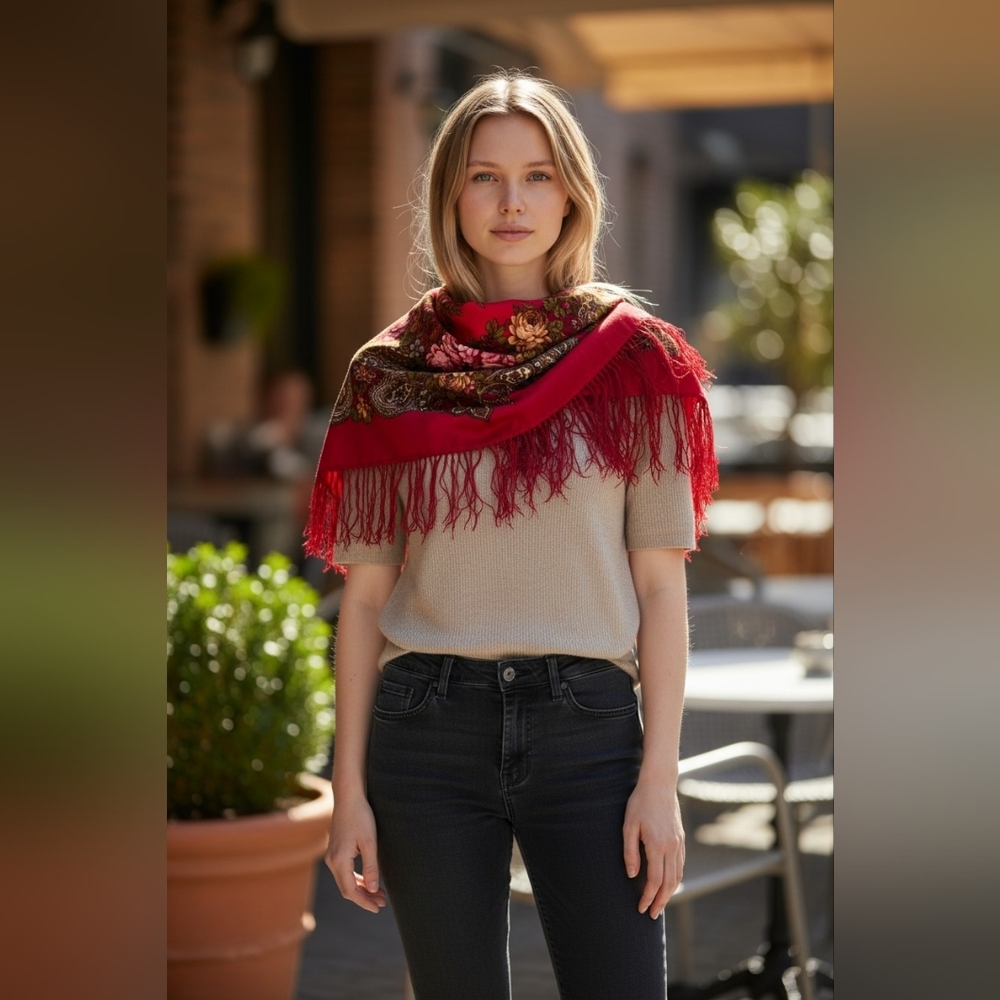 Floral Fringe Shawl Scarf - 100% Wool